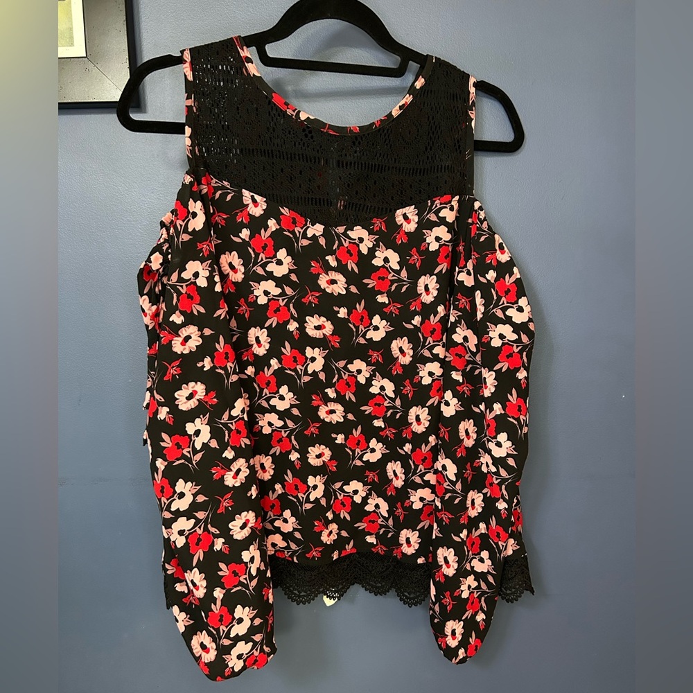 Chic Floral Cold Shoulder Blouse - Black, Red, & Pink